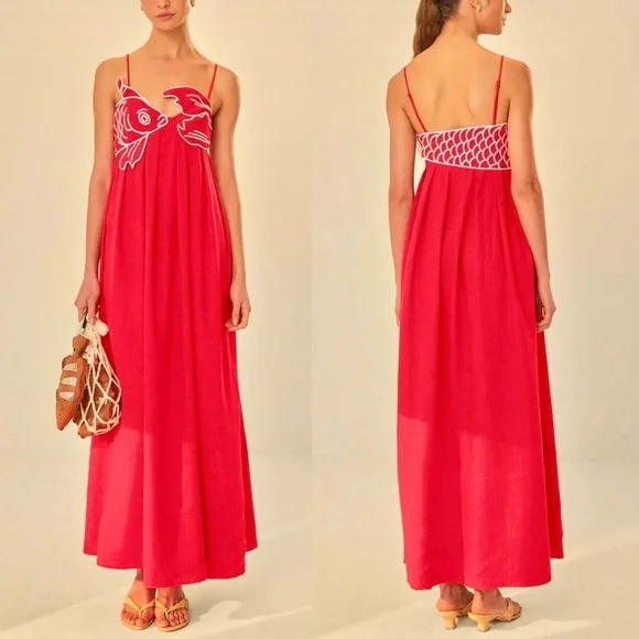 🌺🎉HP🎉🌺 NWT Farm Rio Red Fish Top Maxi Dress - Picture 2 of 16